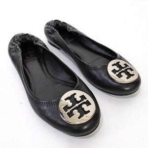 Tory Burch Womens Reva Ballet Flats Black Leather Silver Medallion